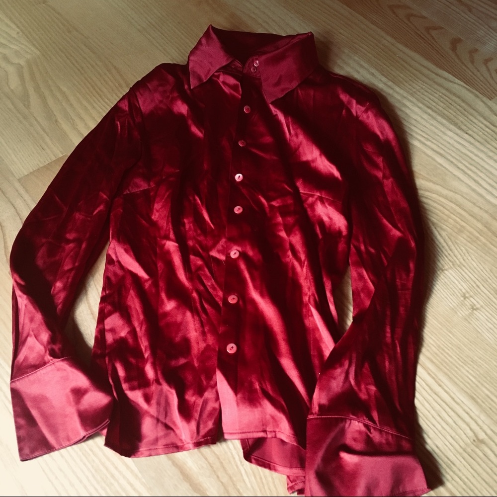 Vintage Bright red silky button up blouse